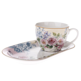 Porcelanowa filiżanka z tacką spodkiem w kwiaty MOTYL różowy - 445ml