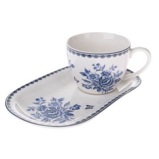 Filiżanka porcelanowa z tacką w niebieskie kwiaty VINTAGE - 445ml