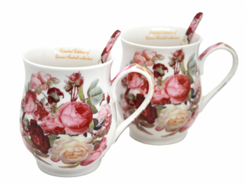 Komplet Queen Isabell dwóch porcelanowych kubków z łyżeczkami RÓŻE - 300ml