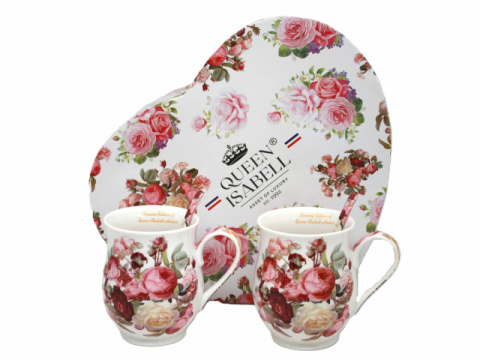 Komplet Queen Isabell dwóch porcelanowych kubków z łyżeczkami RÓŻE - 300ml