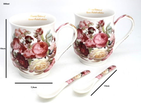 Komplet Queen Isabell dwóch porcelanowych kubków z łyżeczkami RÓŻE - 300ml