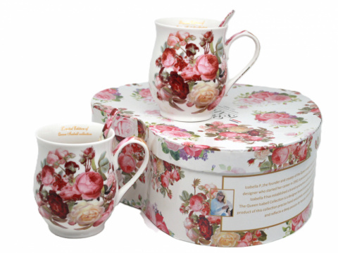 Komplet Queen Isabell dwóch porcelanowych kubków z łyżeczkami RÓŻE - 300ml