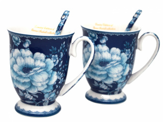 Komplet porcelanowych kubków Queen Isabel z łyżeczkami Niebieskie RÓŻE - 300ml