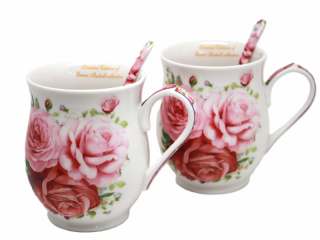 Komplet dwóch porcelanowych kubków z łyżeczkami RÓŻE - 300ml