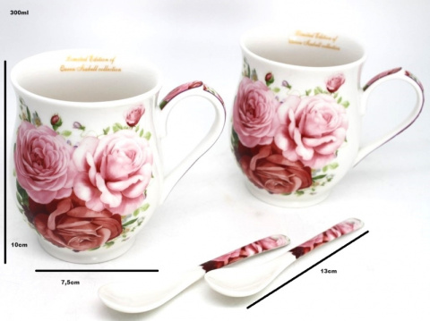 Komplet Queen Isabell porcelanowych kubków z łyżeczkami RÓŻE - 300ml