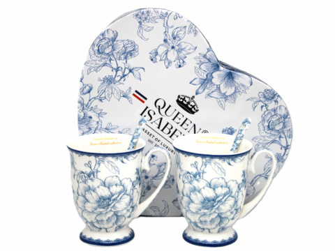 Komplet porcelanowych kubków Queen Isabell z łyżeczkami Niebieskie RÓŻE - 300ml