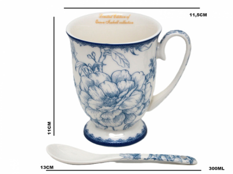 Komplet dwóch porcelanowych kubków z łyżeczkami biało niebieski RÓŻE - 300ml