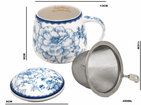 Porcelanowy kubek Queen Isabel z zaparzaczem biało niebieskie RÓŻE - 450ml