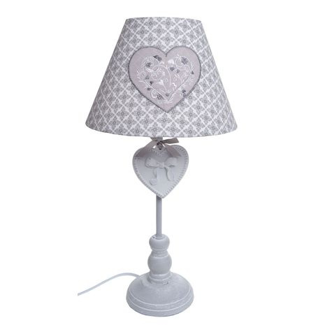 Lampa, lampka nocna z abażurem biało szara HAFTOWANE SERCE - 43CM