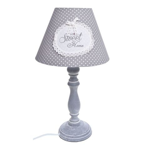 Rustykalna drewniana lampa, lampka z abażurem HOME SWEET HOME szara - 23x23x40cm